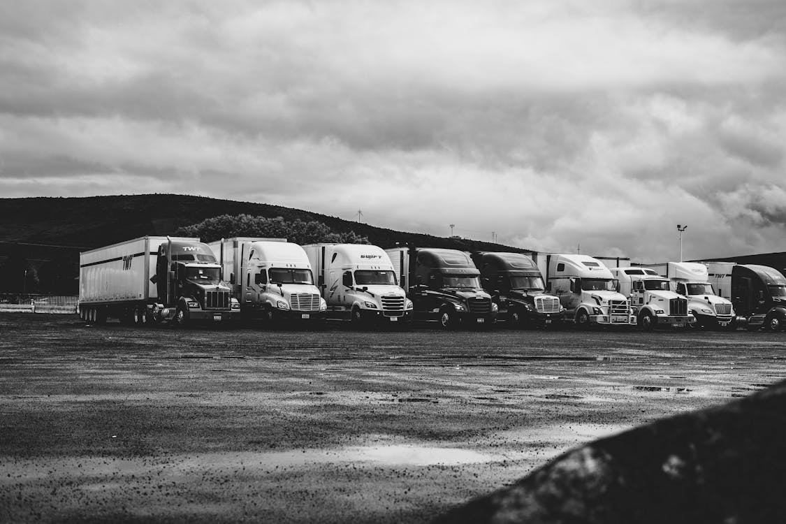 Lineup of American semi trucks at a fleet yard